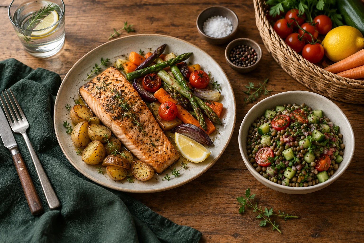 A shared table of nourishing, colourful food prepared for the group.