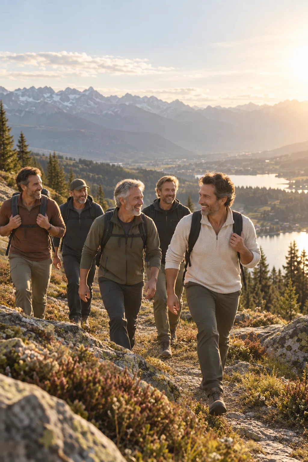 Five men hiking up an Alpine ridge at golden hour, lakes and snow peaks behind them.