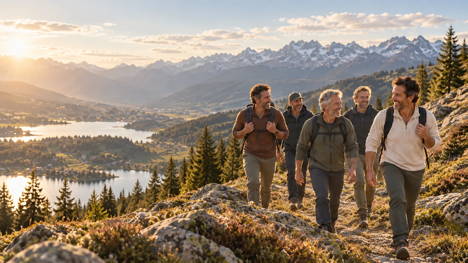 Five men hiking a mountain trail at golden hour, an Alpine lake and snow peaks behind them.