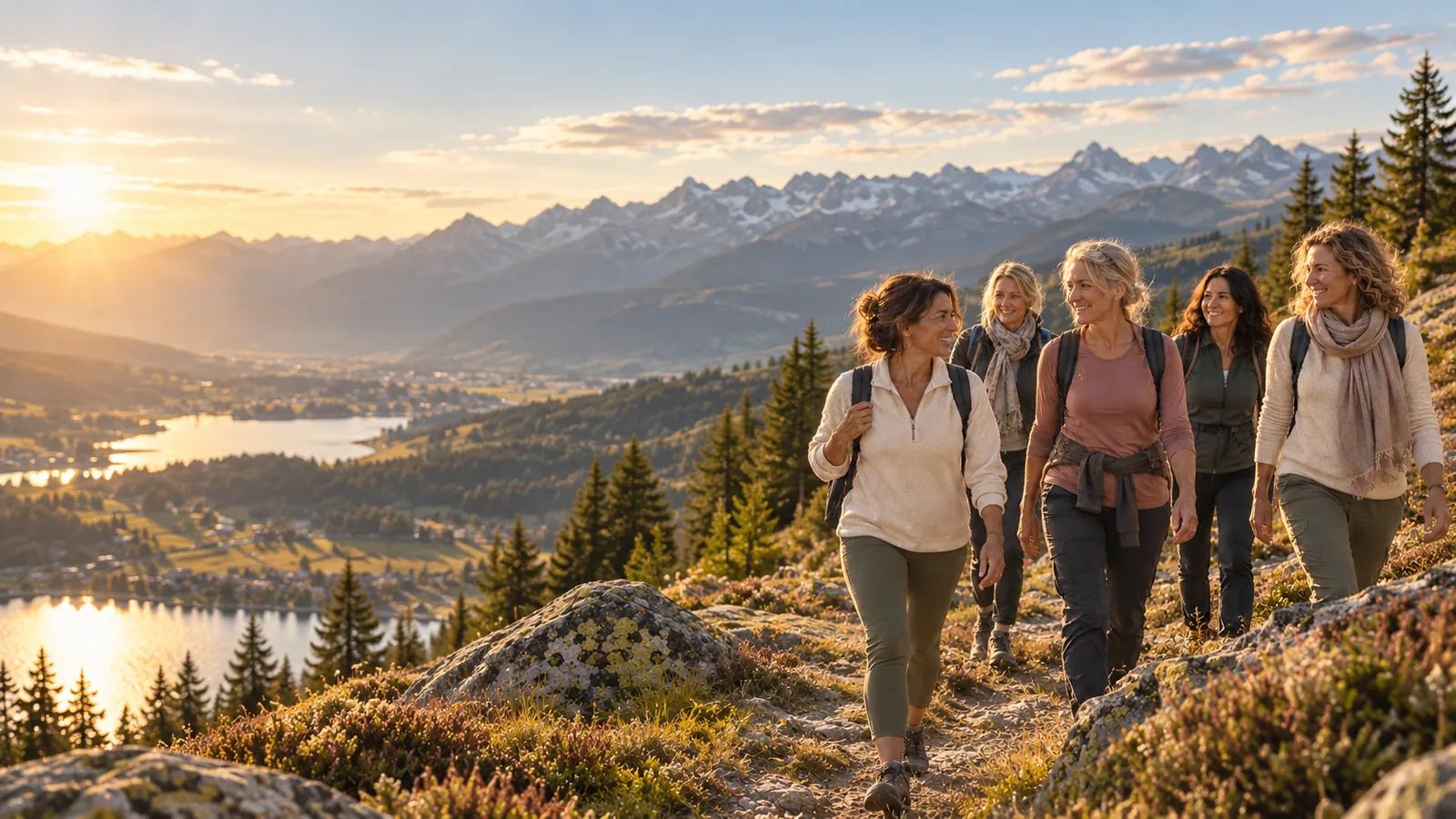 Five women hiking a mountain trail at golden hour, an Alpine lake and snow peaks behind them.