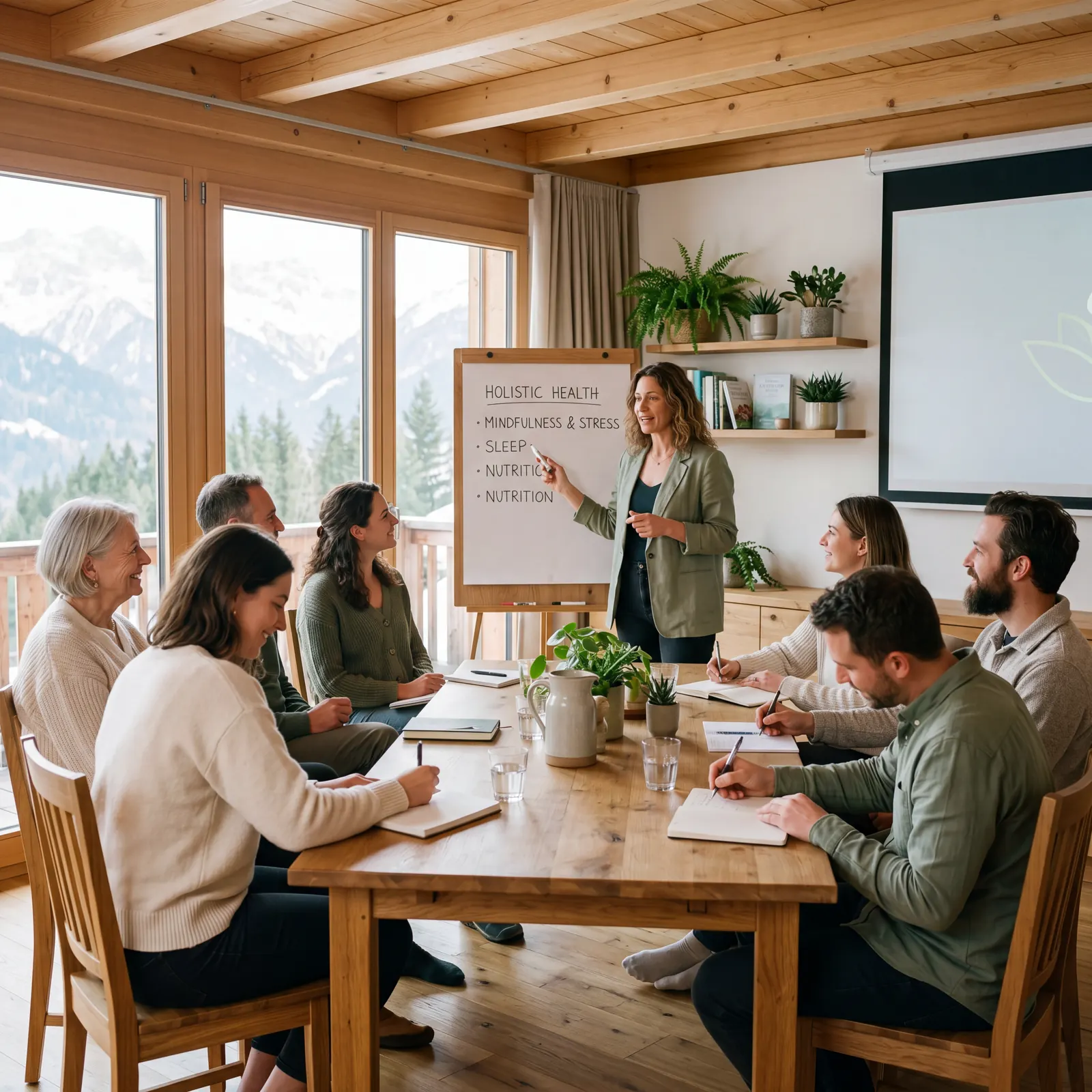 A small group taking notes in a bright wooden workshop room while a facilitator presents at a flipchart, mountains outside the windows.